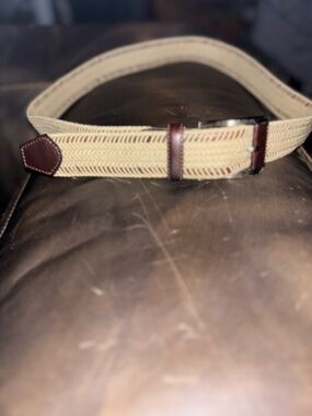 Tommy Bahama Beige Woven Belt with Brown Leather Trim